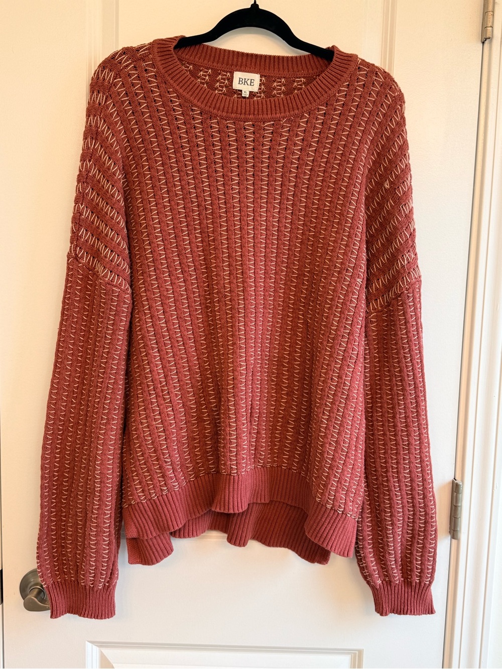 BKE Women's Textured Dusty Rose Oversized Long Crewneck Sweater XL
